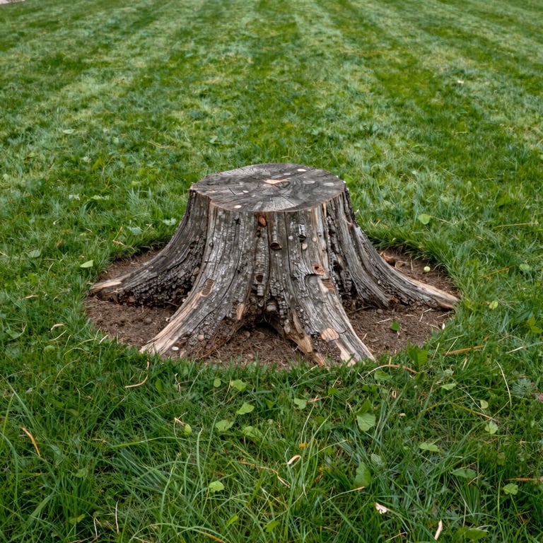 A wide shot of a clean, level lawn where a massive stump was recently removed, showing a pristine finish, professional landscaping style.