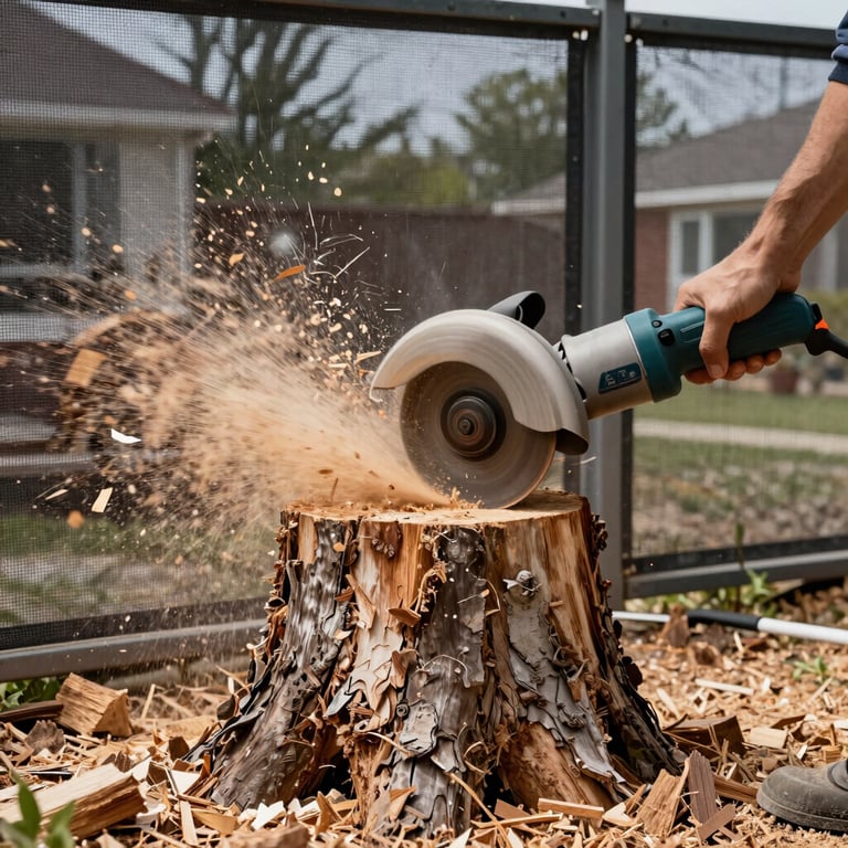A large oak stump being pulverized by a professional grinding wheel, wood chips flying safely into a containment screen, North American residential setting.