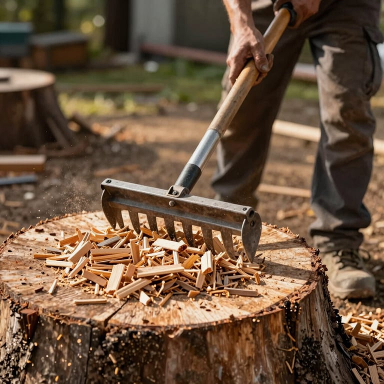 A professional technician using a hand rake to level wood chips after a successful stump grinding job, afternoon light.
