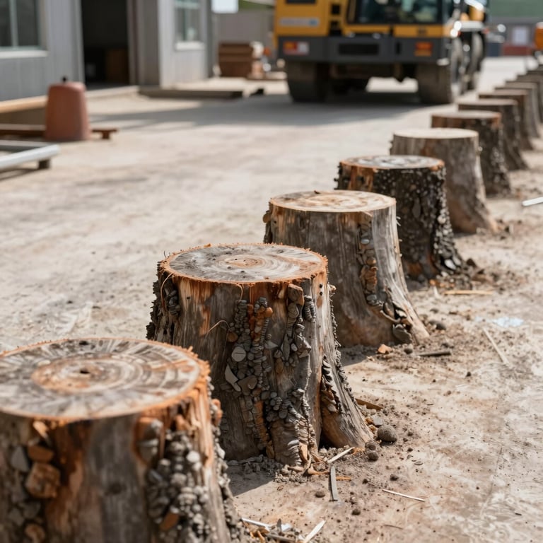 A commercial job site featuring a row of stumps prepared for grinding, daylight, crisp and professional composition.