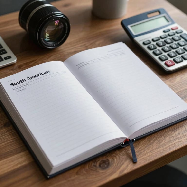 A tidy desk with a professional planner and a steel blue calculator, South American office setting.