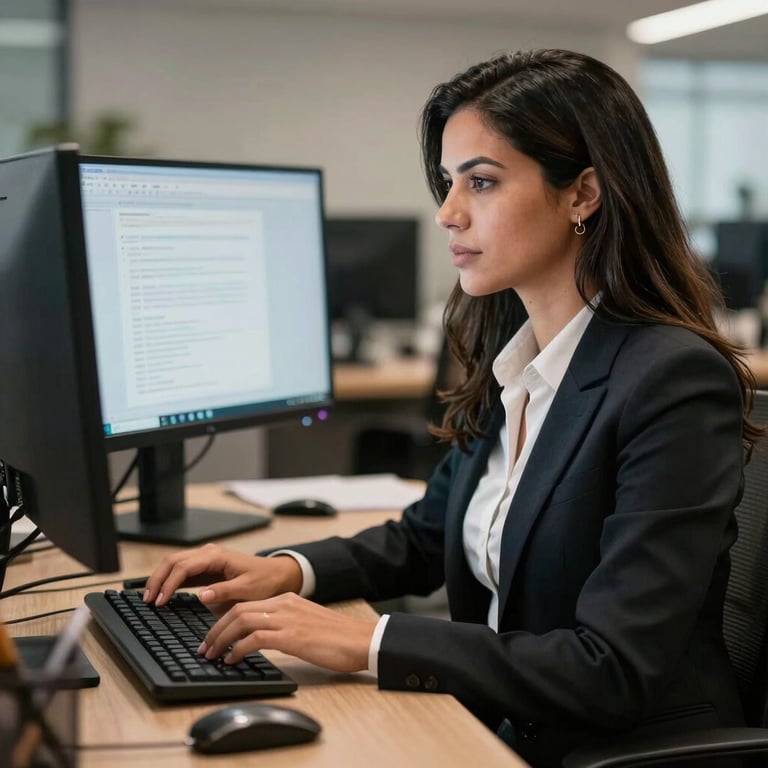 Professional Brazilian woman in office attire working efficiently at a dual-monitor workstation.
