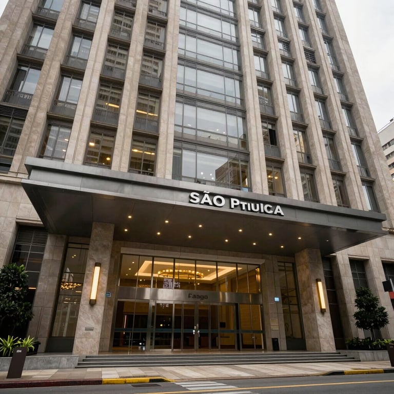 Architectural shot of a modern corporate building entrance in a Brazilian metropolis like São Paulo.