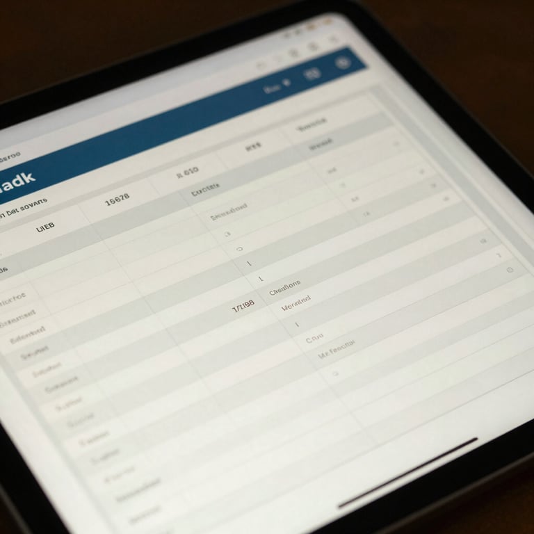 Close-up of a digital tablet showing administrative spreadsheets and charts in off-white and dark blue.