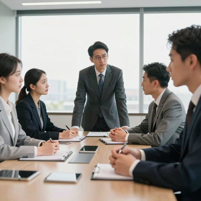 A group of professionals in business attire having a serious meeting in a bright, modern conference room.