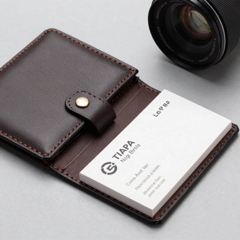 A high-quality leather folder and professional business cards on a clean light gray surface.