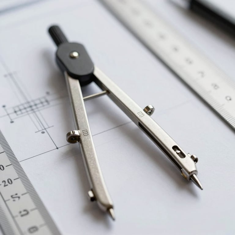 A pair of professional compasses and a ruler over a technical drawing, emphasizing engineering precision.