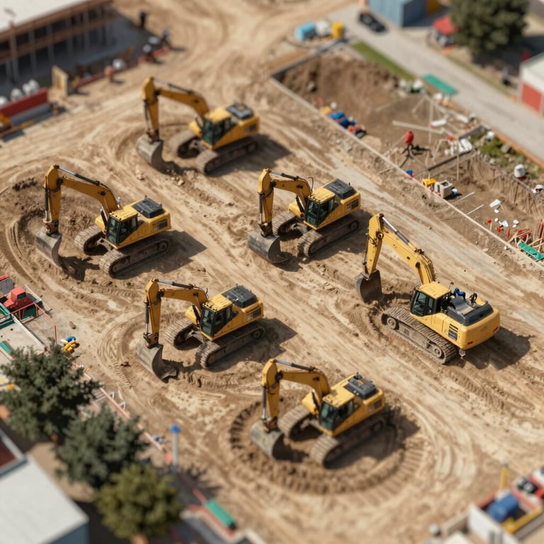 An aerial view of a neatly organized construction site, showing heavy machinery in a precise arrangement.