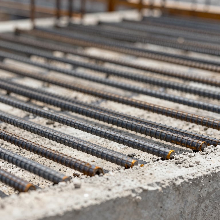 A detailed shot of a concrete foundation with perfectly aligned reinforcing steel bars, daylight, professional focus.