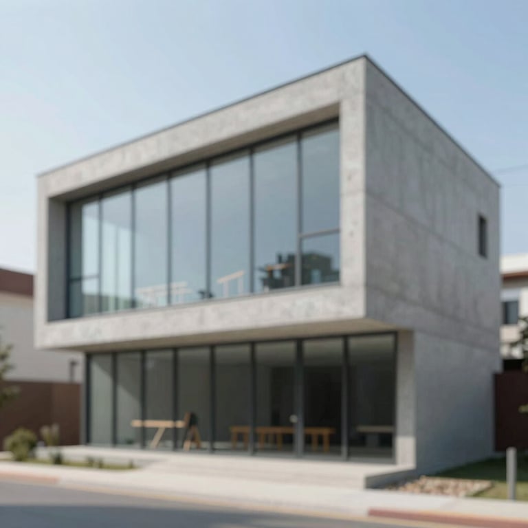 Architectural exterior of a minimalist concrete building with large glass windows, showcasing contractor quality.