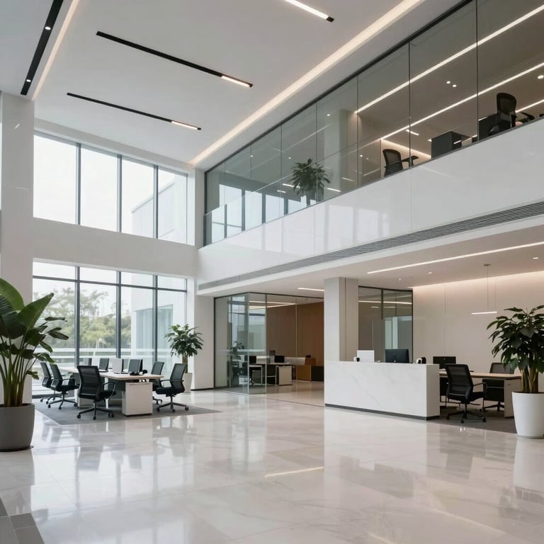 A modern, high-tech office lobby that is sparkling clean after a deep cleaning session.