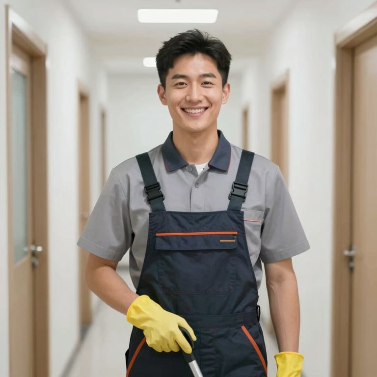 A professional cleaner in a branded uniform smiling in a brightly lit, clean hallway.