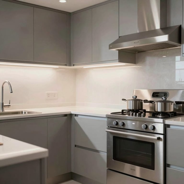 A sanitized and spotless modern kitchen with stainless steel appliances gleaming.