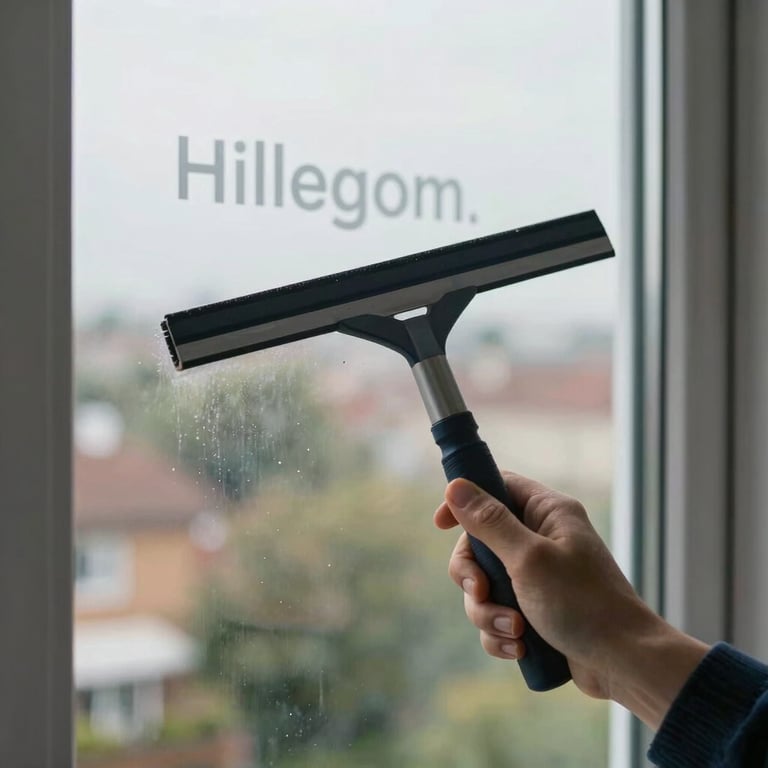A detailed shot of a window being cleaned with a squeegee, revealing a clear view of Hillegom.