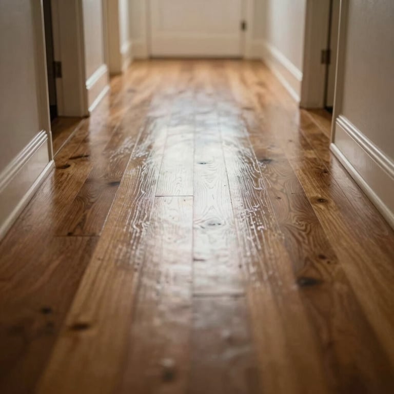 A close-up of a perfectly polished hardwood floor reflecting light in a Dutch hallway.