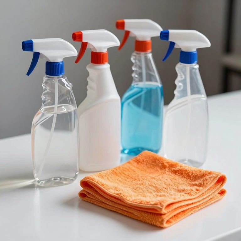 A professional cleaning kit with various sprays and orange microfiber cloths on a clean white surface.