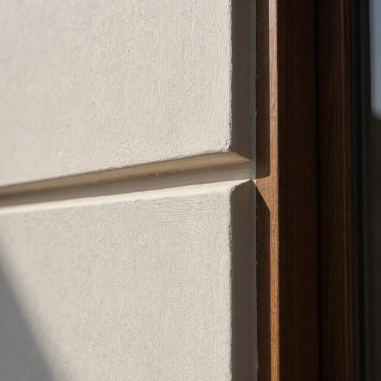 Close-up of clean architectural lines where a textured plaster wall meets a dark timber frame, natural side light.
