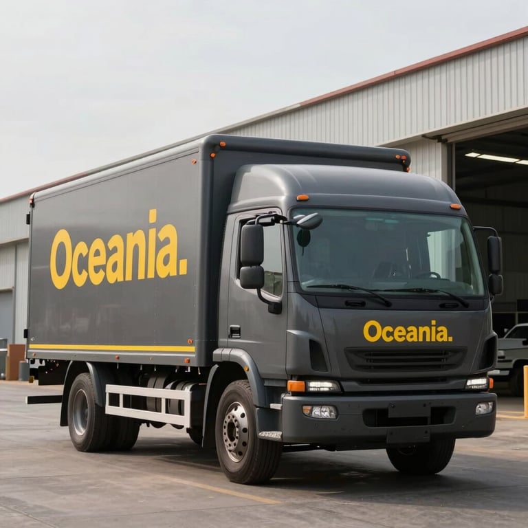 A matte charcoal delivery truck with yellow branding arriving at an industrial warehouse in Oceania.