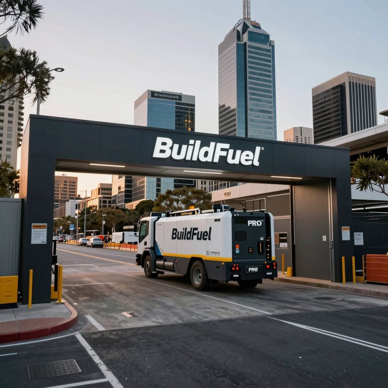 A wide shot of a major infrastructure project in an Australian city with a BuildFuel PRO machine at the entrance.