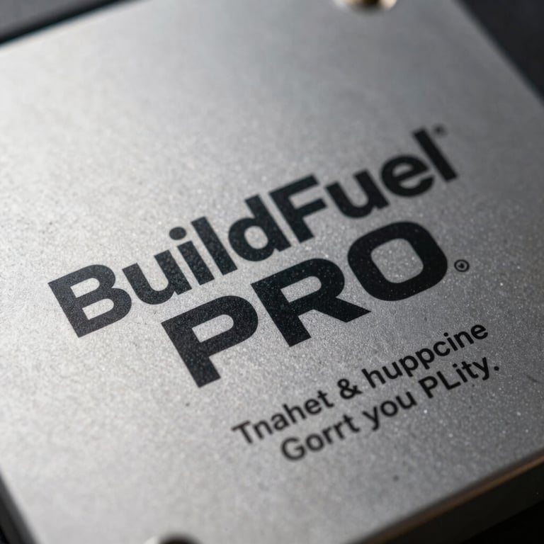 Close-up detail of the BuildFuel PRO logo and contact information on a durable metallic surface.