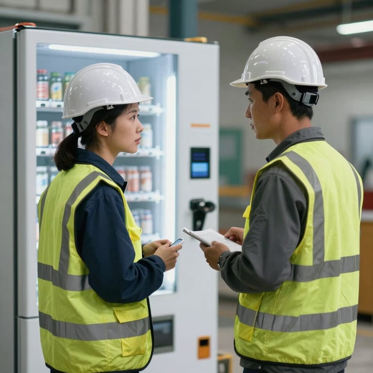 Two construction workers in high-vis gear conversing near an industrial vending machine on a break.