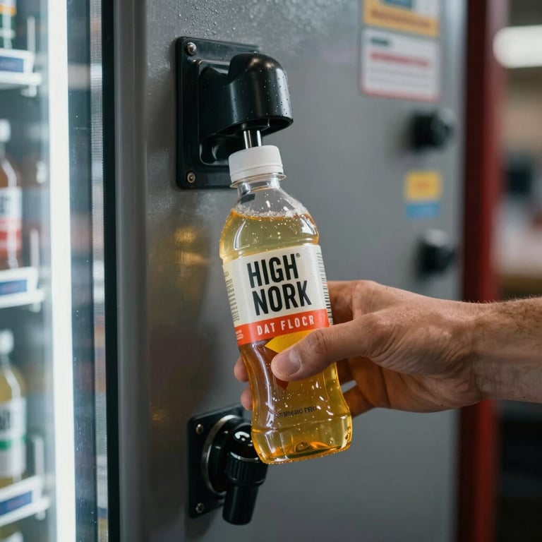 Close-up of a high-performance energy drink bottle being dispensed from a rugged vending machine.