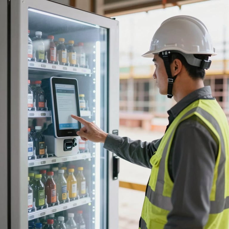A construction site supervisor in a hard hat and safety vest using the touch-screen of a smart vending machine.