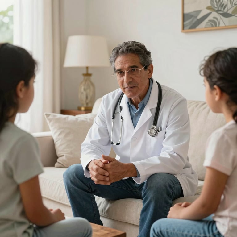 A veterinarian talking to a family in a sunlit Latin American / Spanish living room with Soft Pearl White accents.