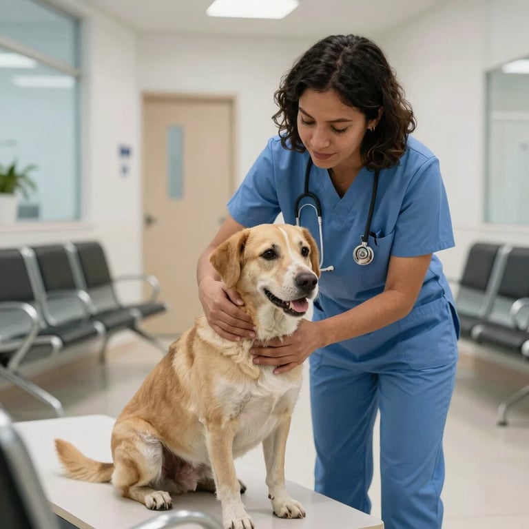 An owner comforting their dog in a modern, welcoming Latin American / Spanish veterinary waiting area.