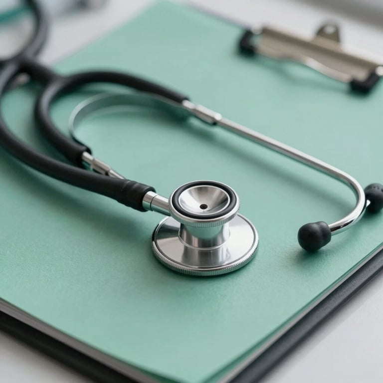 Close-up of a stethoscope resting on a Sage Green medical folder in a professional clinic.