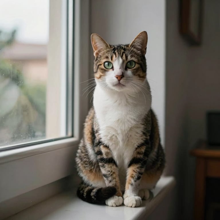 A healthy cat sitting contentedly by a window in a contemporary Latin American / Spanish apartment.