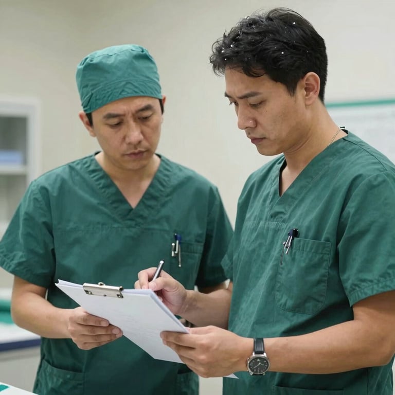 Professional veterinarian wearing Deep Forest Green scrubs reviewing clinical notes with focused expertise.