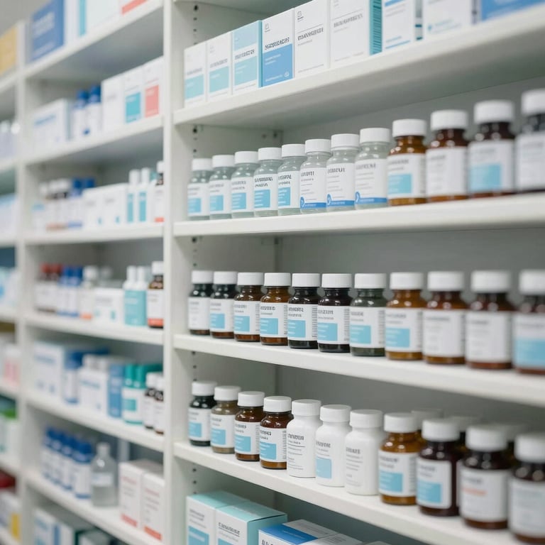 Clean, organized shelves of a veterinary pharmacy with subtle Pale Sky Blue highlights and white lighting.