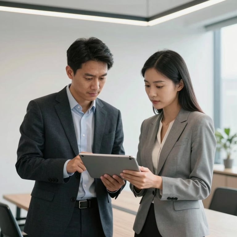 A medium shot of two professionals in corporate attire collaborating over a tablet in a minimalist, light-filled office lounge, projecting an approachable and modern tone.