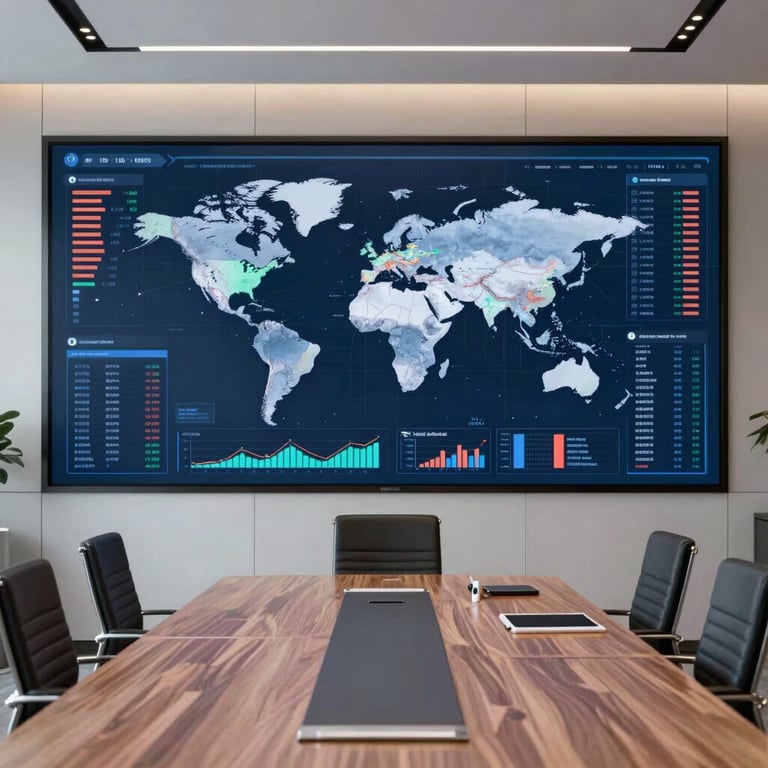 A clean, professional interior shot of a high-tech boardroom with a large screen displaying complex global market maps, emphasizing a data-driven approach.