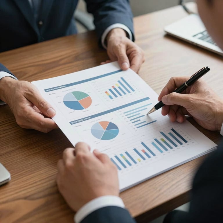 A sharp, close-up photograph of a professional consultant's hands reviewing high-quality data reports and graphs on a polished wooden desk in a North American office setting.