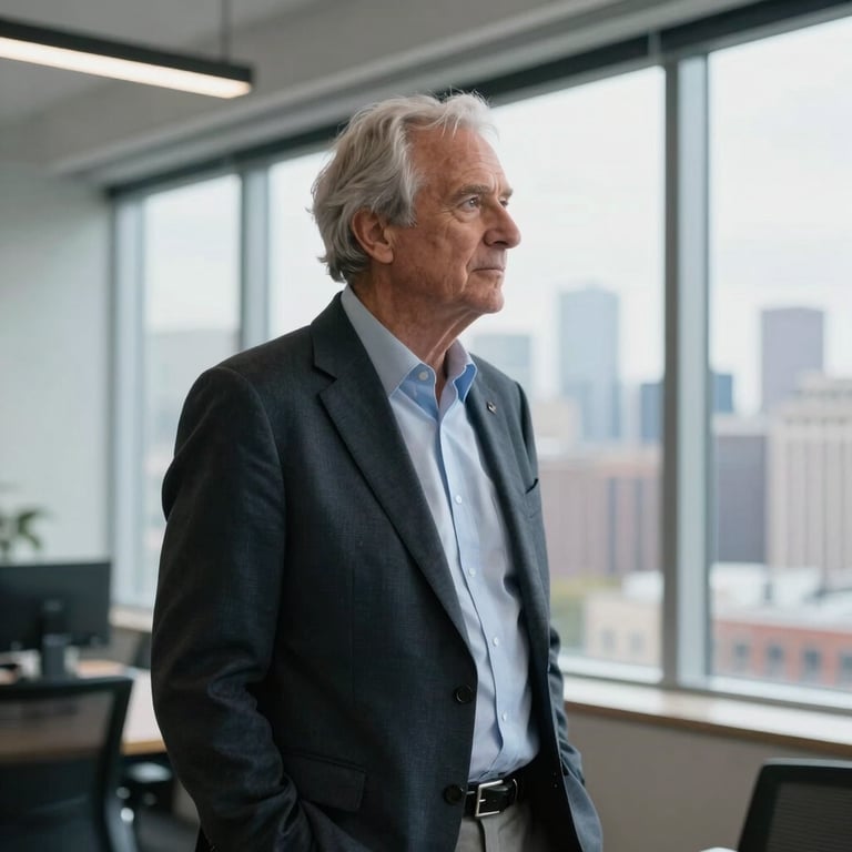 A candid, professional photograph of a senior strategist in a modern office, looking out at a US city skyline, representing forward-thinking leadership.