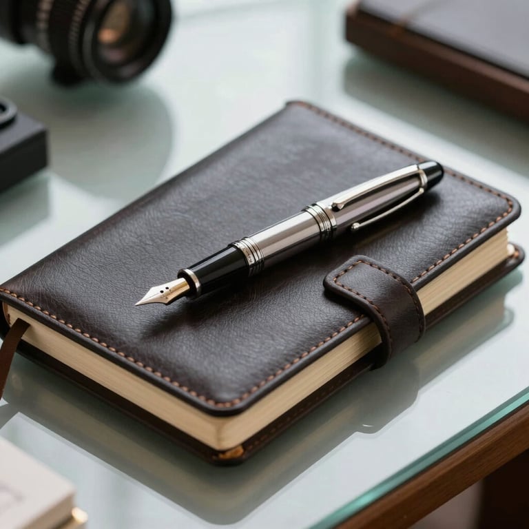 A detailed shot of a luxury fountain pen and a leather-bound notebook resting on a glass office table, conveying a sense of sophistication and precision.