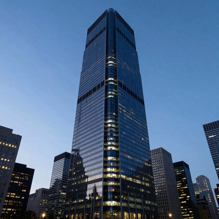 A wide, authoritative shot of a sleek modern skyscraper in a major US financial district at twilight, with office lights glowing in shades of deep blue.