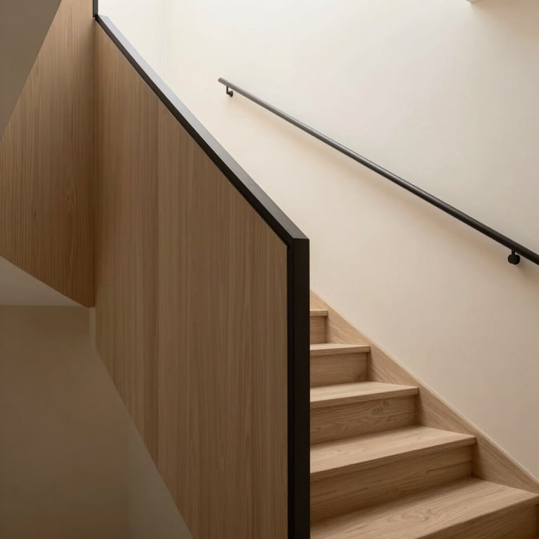 An architectural staircase detail with warm taupe wood steps and a dark charcoal minimalist handrail against soft cream walls.