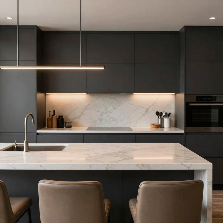 A minimalist kitchen featuring dark charcoal cabinetry, soft cream marble countertops, and warm taupe leather bar stools under warm pendant lighting.