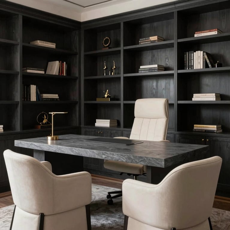 A boutique-style home office with dark charcoal built-in shelving, a large slate grey desk, and soft cream designer chairs.