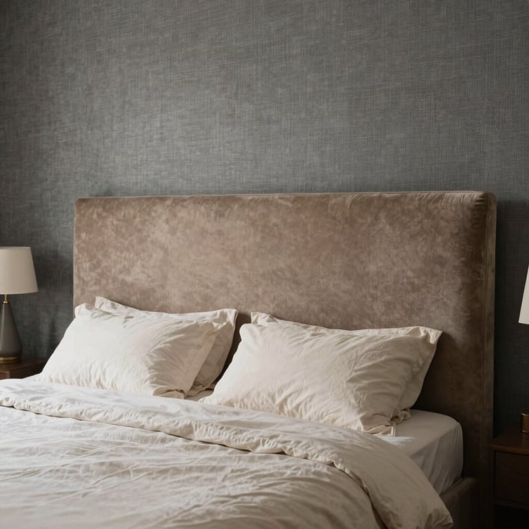 A serene master bedroom with a warm taupe velvet headboard, soft cream linens, and slate grey textured wallpaper.