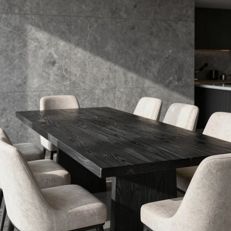 A sun-drenched dining area with a massive dark charcoal oak table, soft cream upholstered chairs, and a slate grey feature wall.