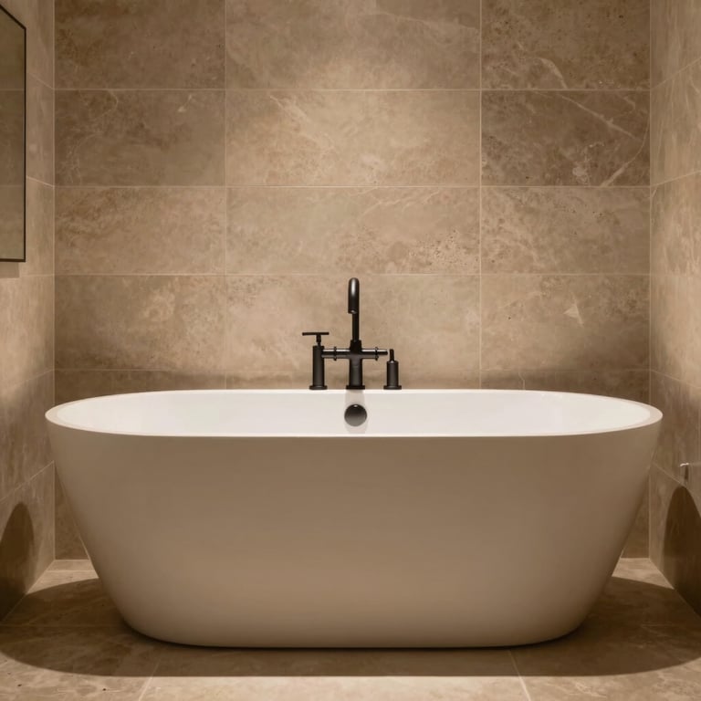 A luxurious spa-like bathroom with warm taupe stone tiles, a freestanding soft cream tub, and dark charcoal matte fixtures.