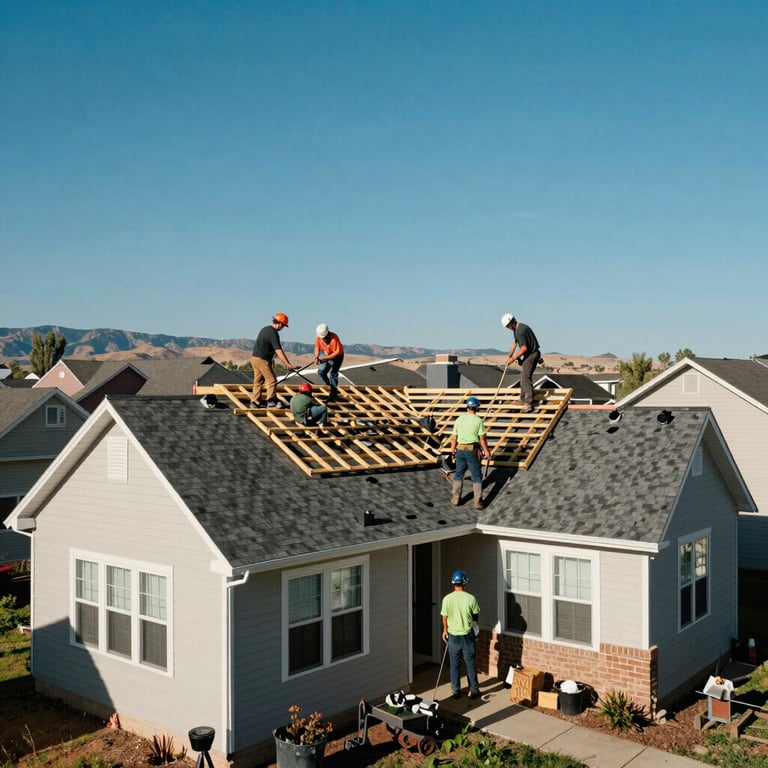 A wide shot of a roofing crew working on a suburban house in Colorado Springs, clear blue sky, North American context.