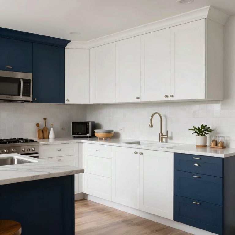 A stunning kitchen remodel with modern white cabinets and navy blue accents, soft natural lighting.