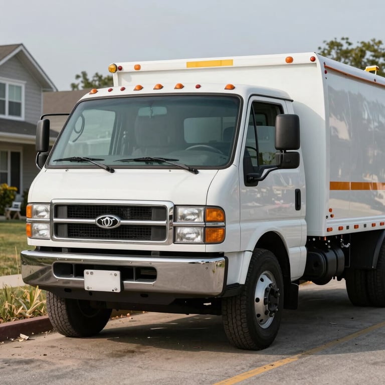 A close-up of a veteran-owned company work truck parked in front of a project site in a US neighborhood.