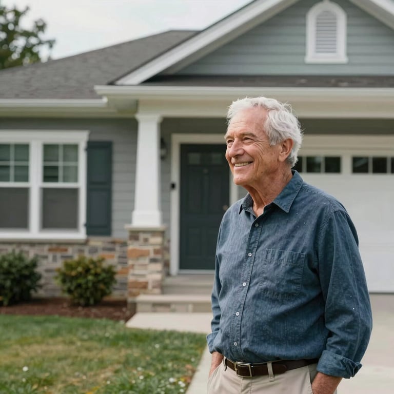 A happy senior homeowner smiling while looking at their newly renovated home exterior, North American setting.
