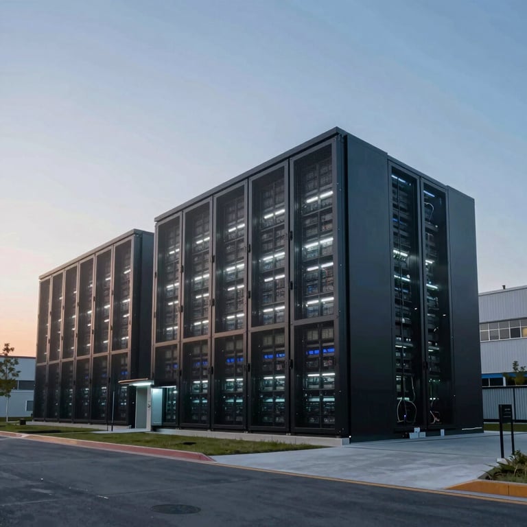External shot of a modern, secure data center facility at dusk, highlighting architectural efficiency and industrial reliability.